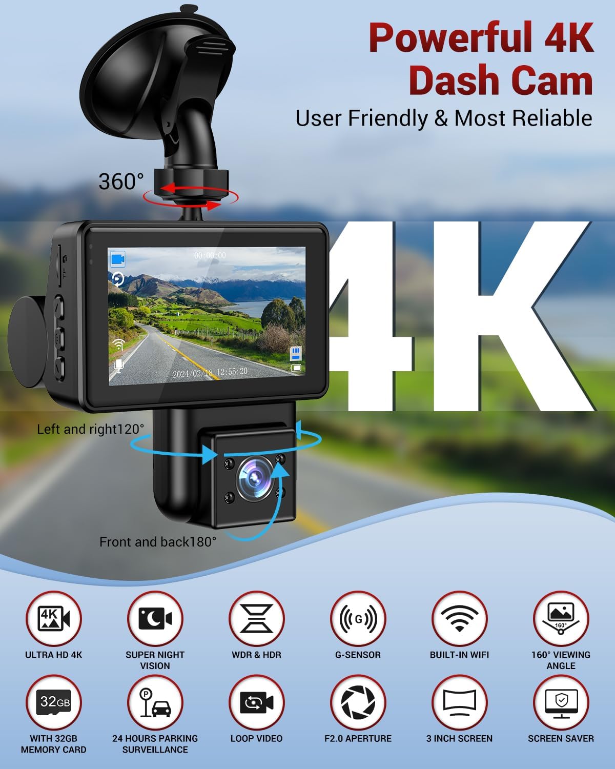 Front Rear Inside 3 Channel Dash Cam 4K Resolution 3 inch Screen - SHARGGE