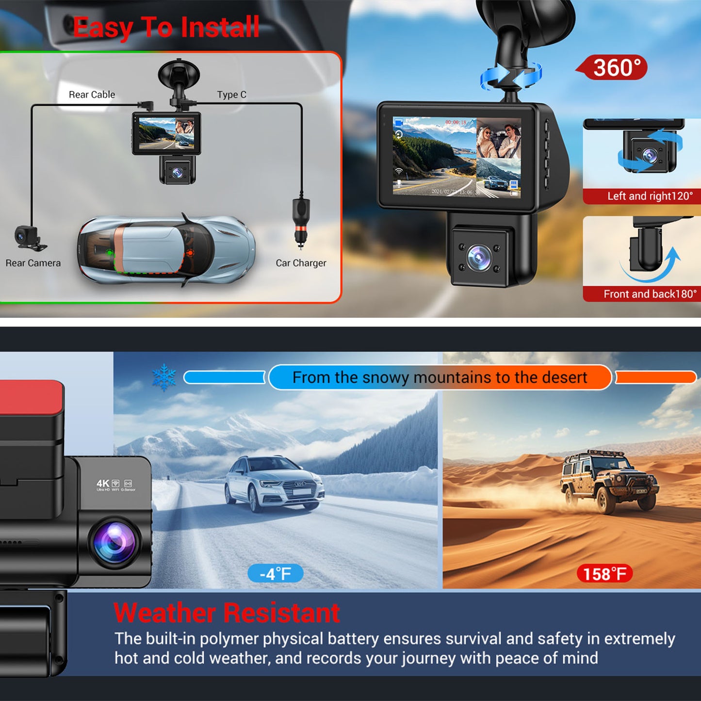 Front Rear Inside 3 Channel Dash Cam 4K Resolution 3 inch Screen - SHARGGE