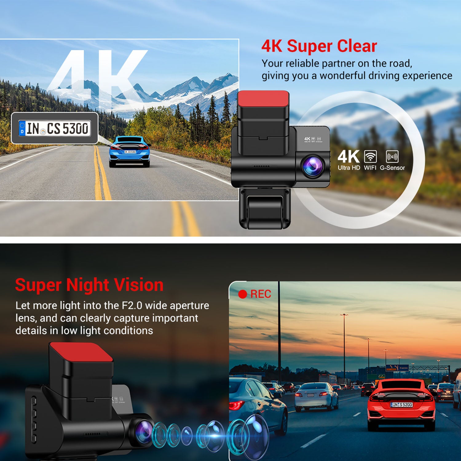 Front Rear Inside 3 Channel Dash Cam 4K Resolution 3 inch Screen - SHARGGE