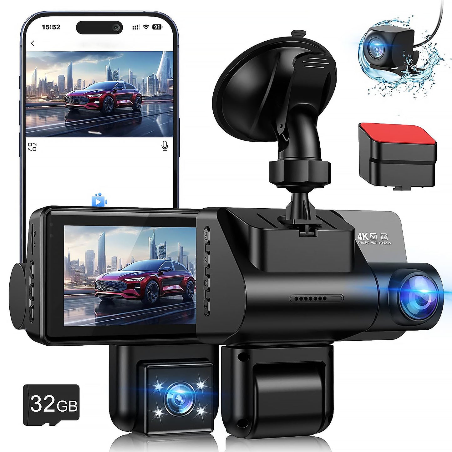 Front Rear Inside 3 Channel Dash Cam 4K Resolution 3 inch Screen - SHARGGE