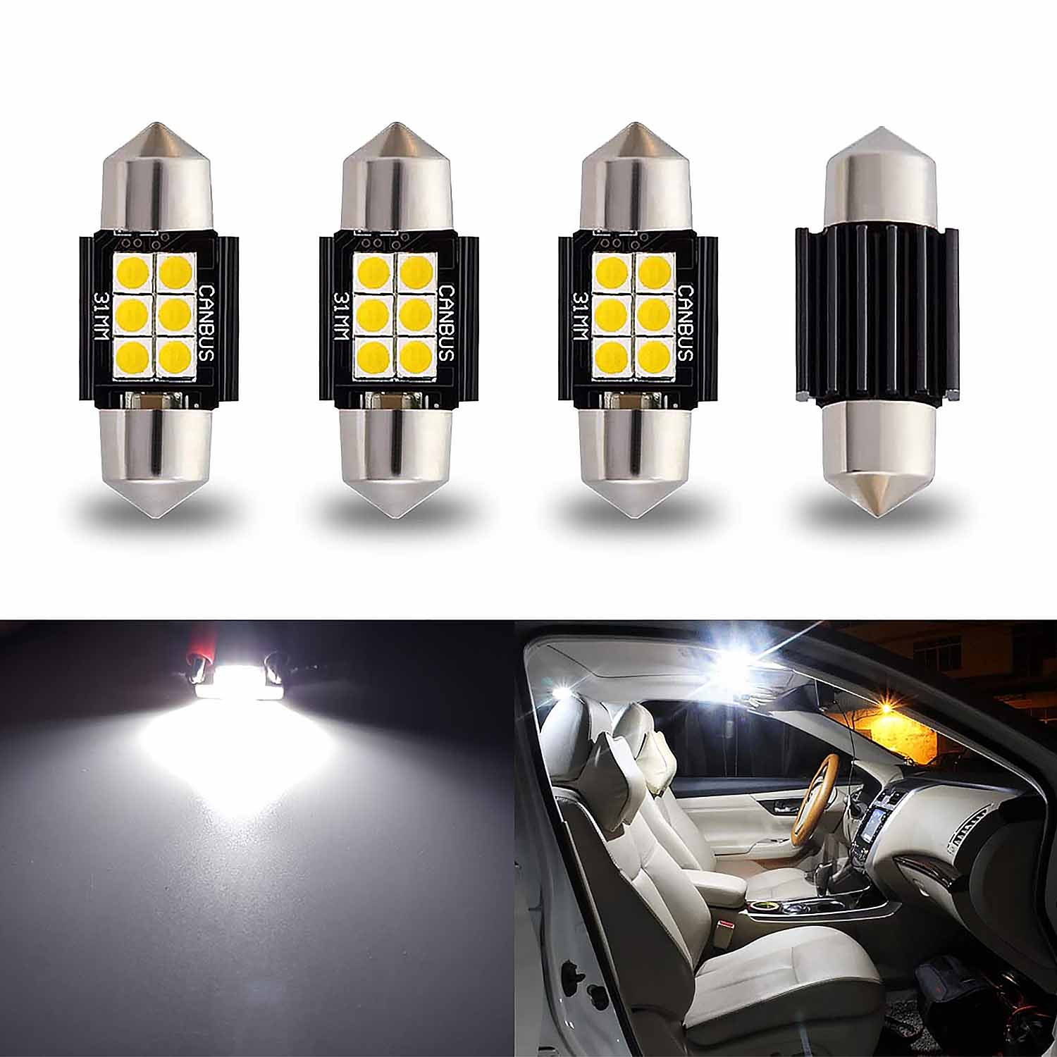 4 Pack 31mm  DE3175 DE3021 Festoon LED Bulbs for Interior Lights and License Plate Courtesy Lights, White - SHARGGE