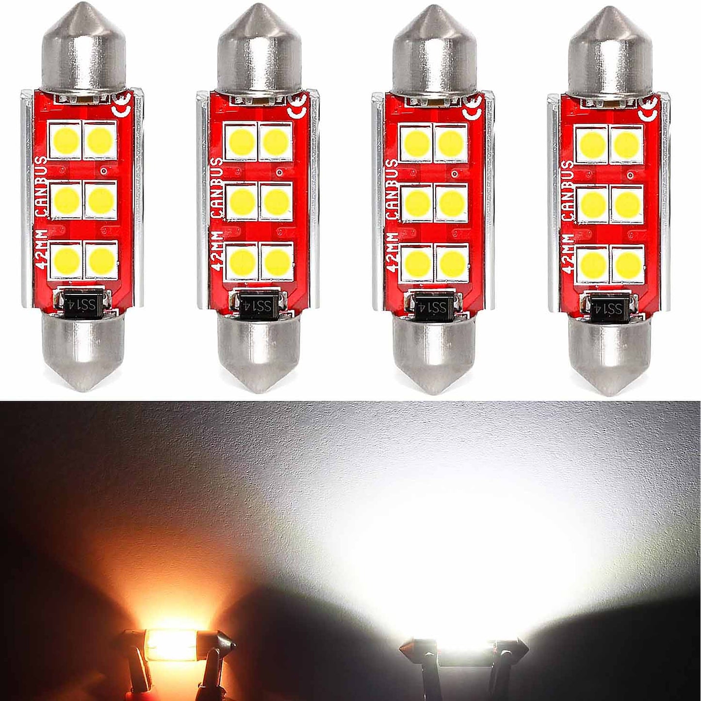 4 Pack 41mm 42mm 578 211 212 Festoon LED Bulb for Car Interior Map Dome Reading Trunk Courtesy Light, White - SHARGGE