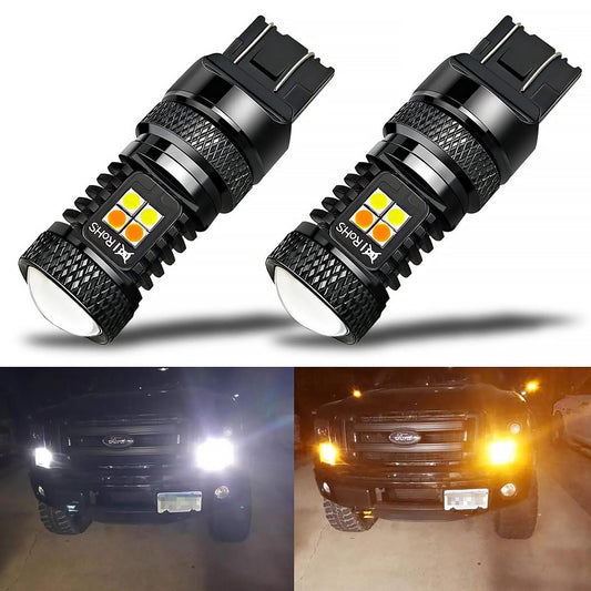 2 Pack Daytime Running Lights/DRL and Turn Signal 7443 7444NA Switchback LED Bulbs with Projector, White/Amber - SHARGGE