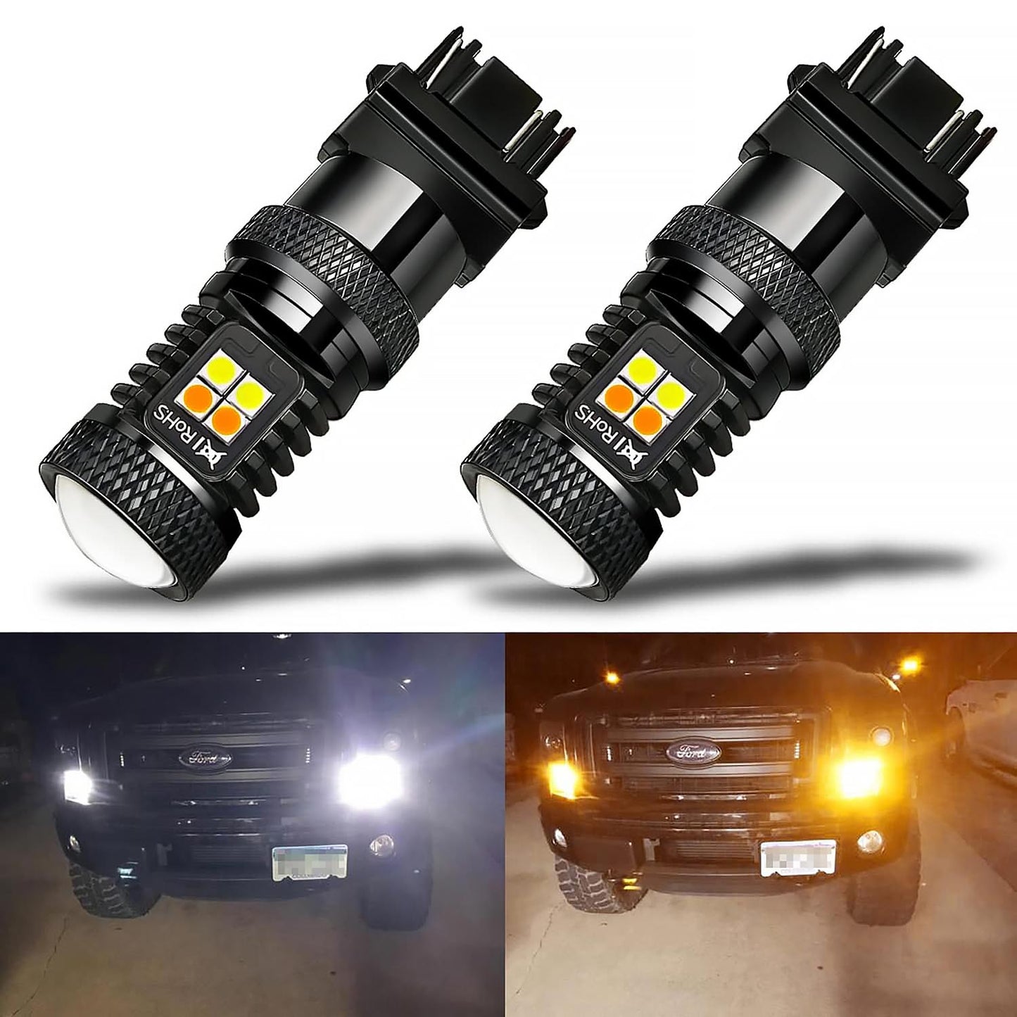 2 Pack Daytime Running Lights/DRL and Turn Signal 3157 4157 3155 3457 Switchback LED Bulbs with Projector, White/Amber - SHARGGE