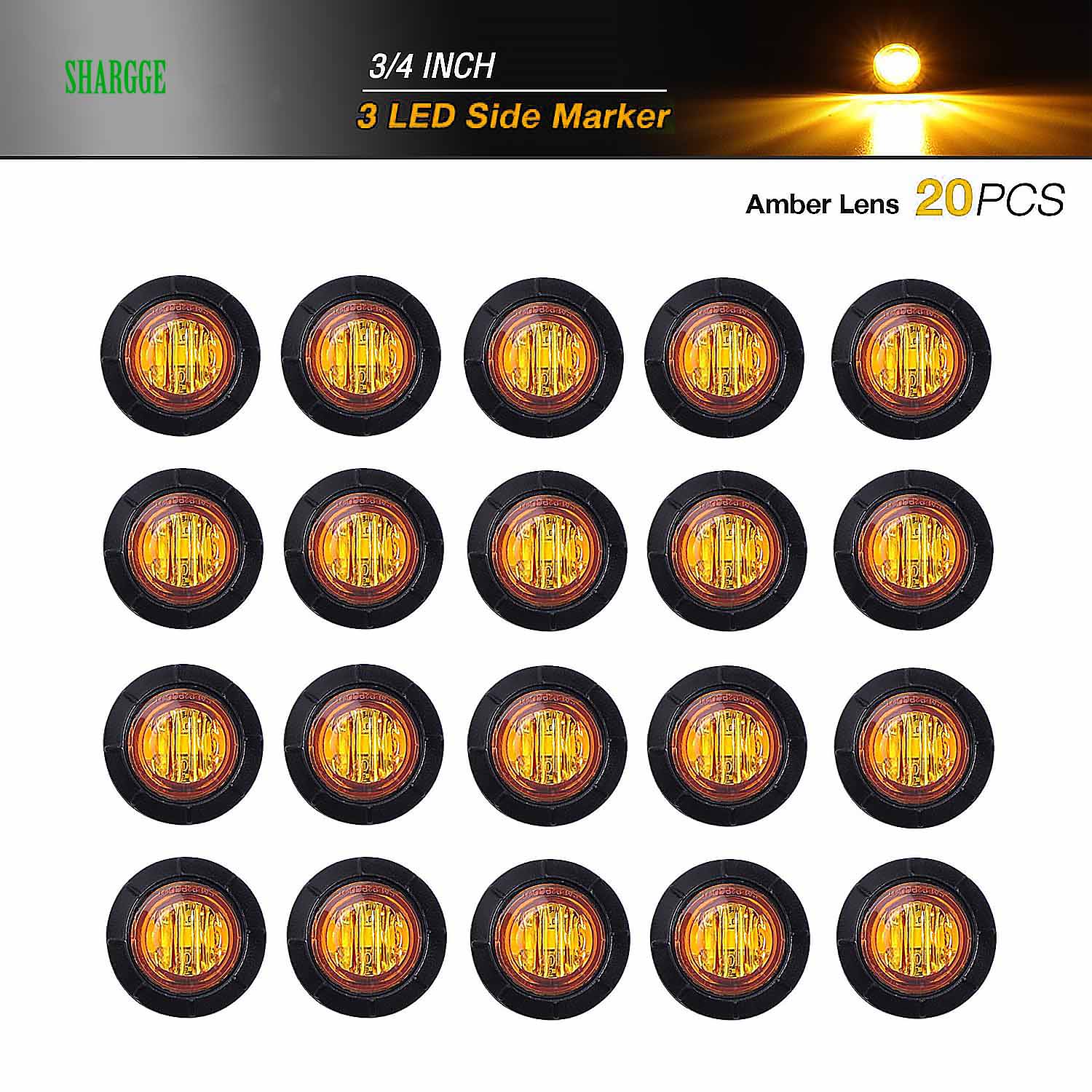 20 Pack 3/4 Inch LED Clearance Bullet Marker lights, Side LED Marker for trailer Truck RV Car Bus Van, Amber - SHARGGE