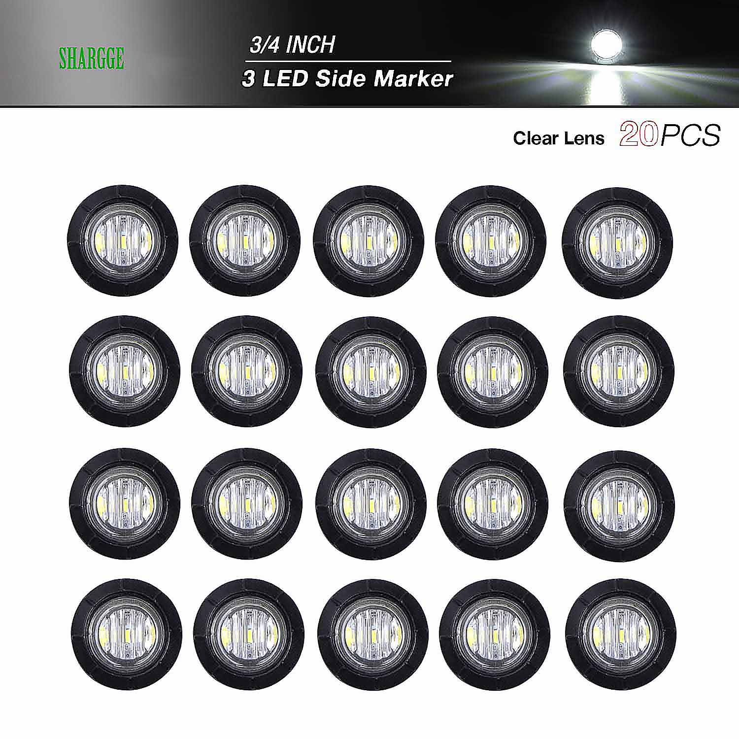 20 Pack 3/4 Inch LED Clearance Bullet Marker lights, Side LED Marker for trailer Truck RV Car Bus Van, White - SHARGGE