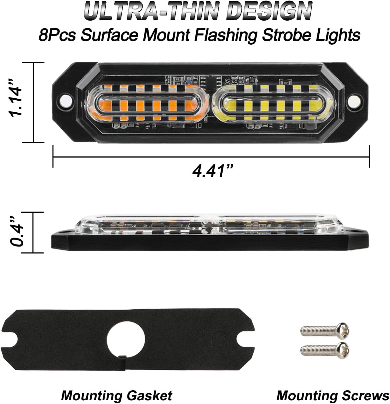 8pcs Ultra Slim Flashing Strobe Lights 12-LED Mini Grille Surface Mount  for Truck Car Vehicle LED Mini Grille Light, Amber/White - SHARGGE