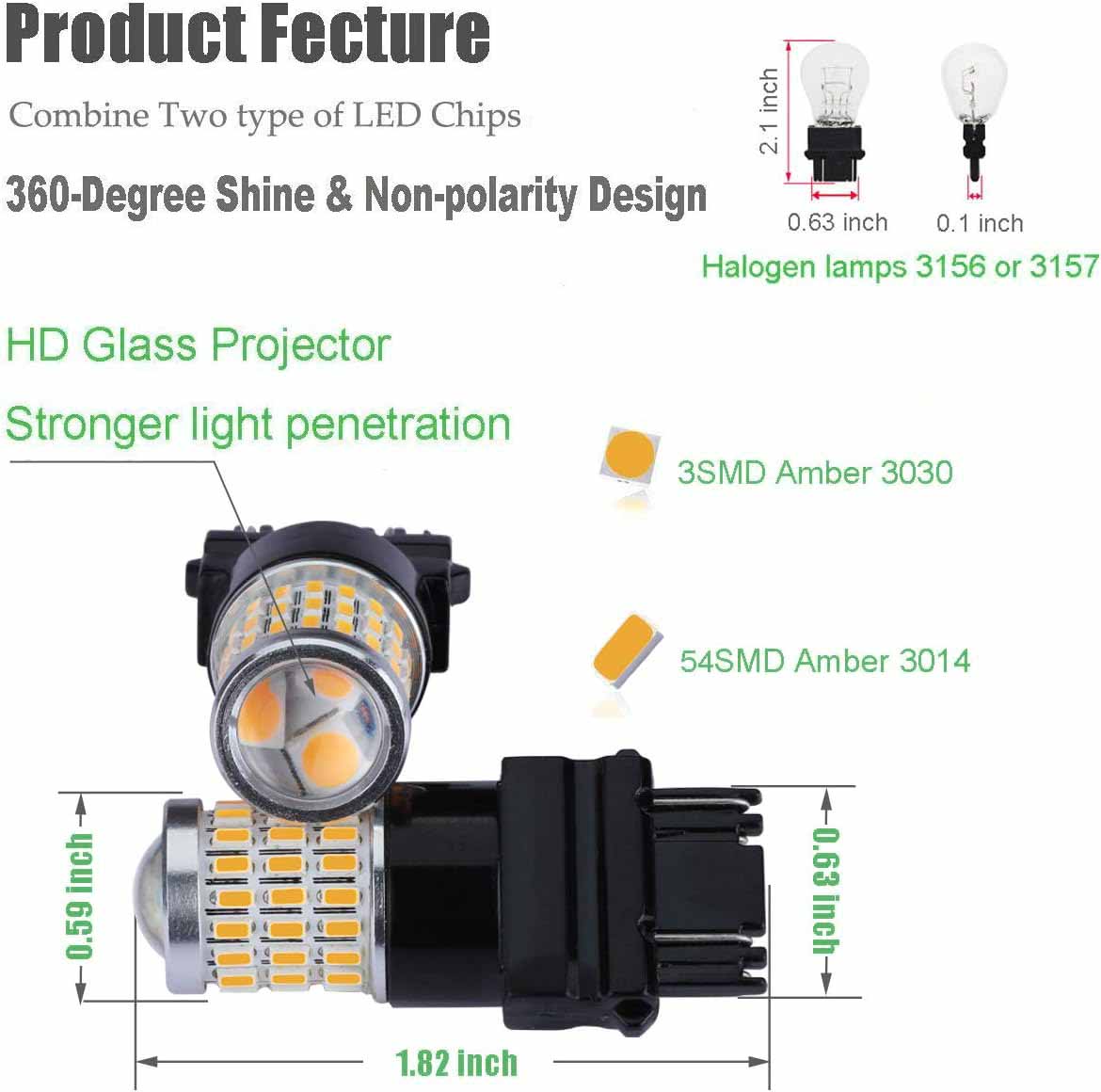 2 Pack 3157 3156 3056 3057 LED Bulbs with Projector for Turn Signal Tail Brake Lights, Amber - SHARGGE