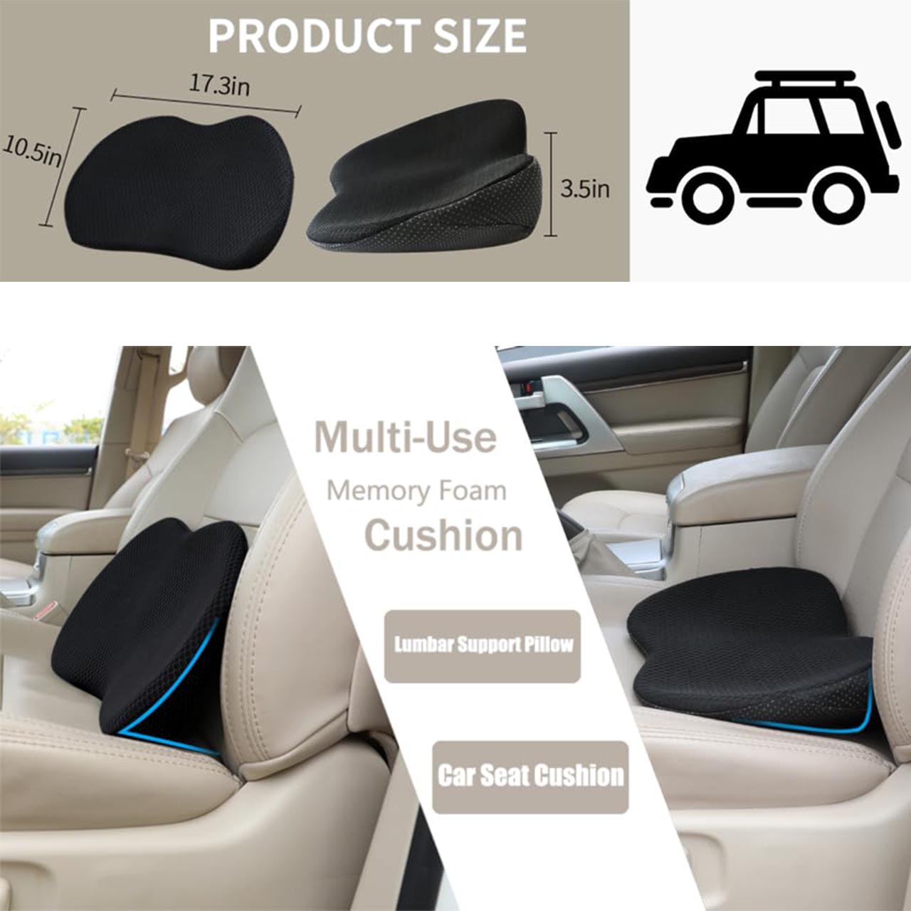 Memory Foam Car Seat Cushion for Sciatica & Lower Back Pain Relief