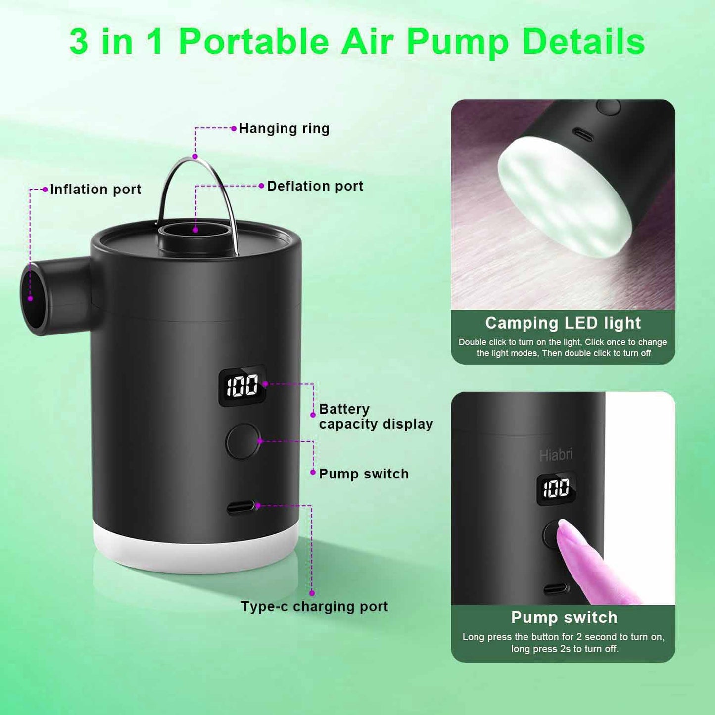 Mini Portable Air Pump Inflator/Deflator for Sleeping Pads, Swimming Rings, Vacuum Storage Bags