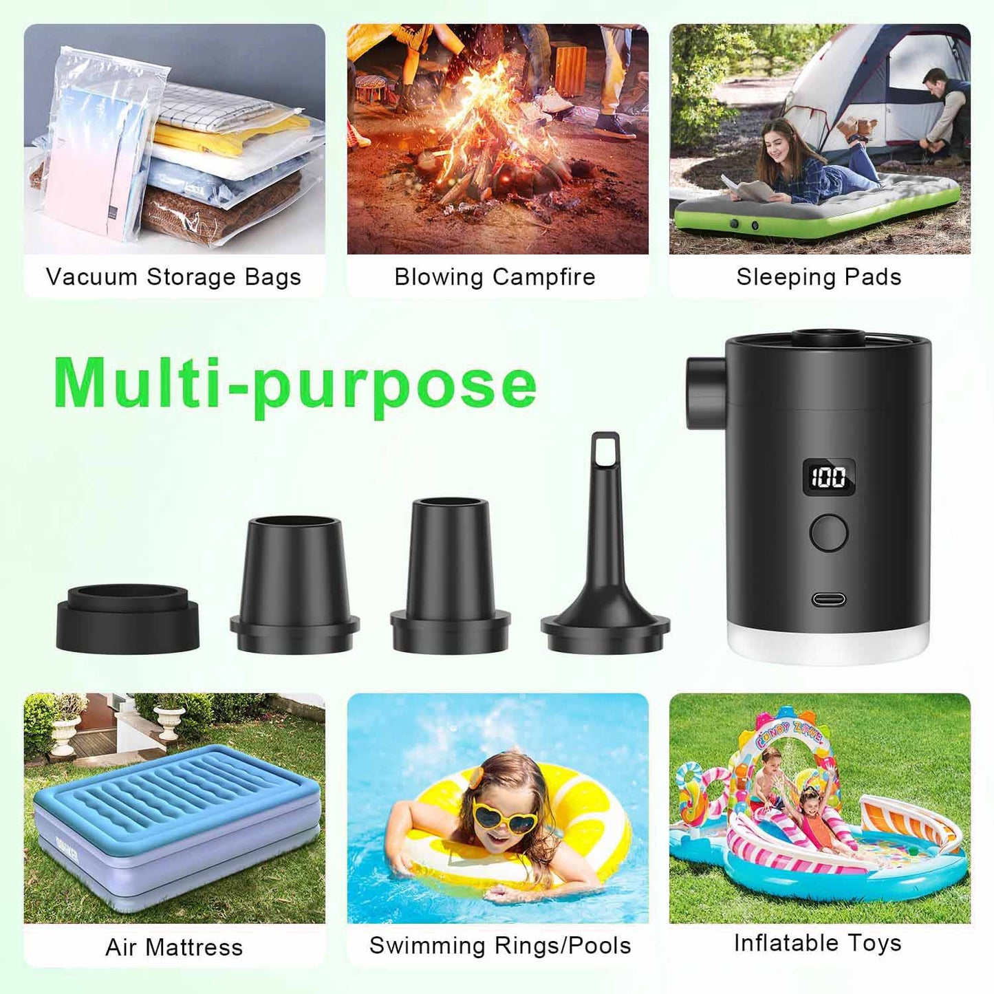 Mini Portable Air Pump Inflator/Deflator for Sleeping Pads, Swimming Rings, Vacuum Storage Bags