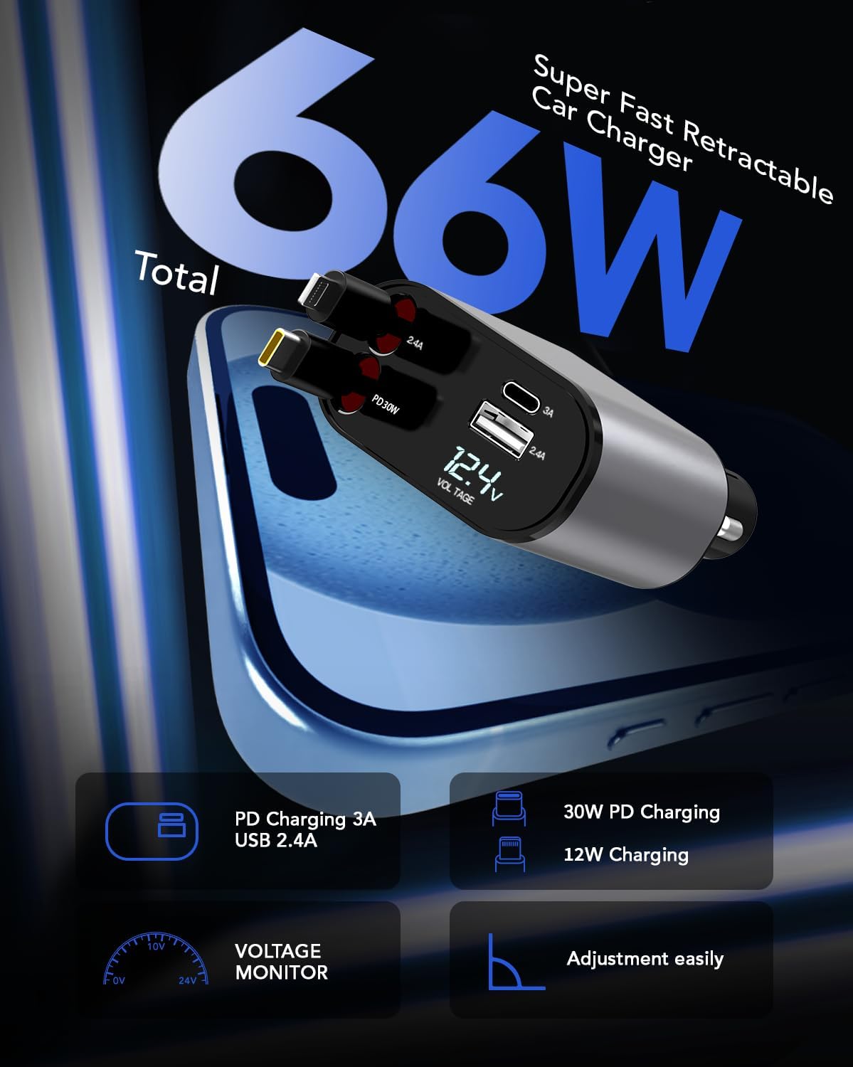 Retractable 4 in 1 Car Charger PD Fast Charge Adapter