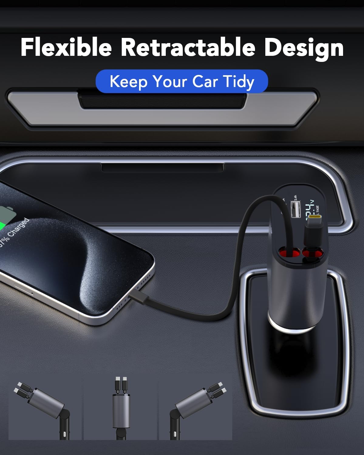 Retractable 4 in 1 Car Charger PD Fast Charge Adapter