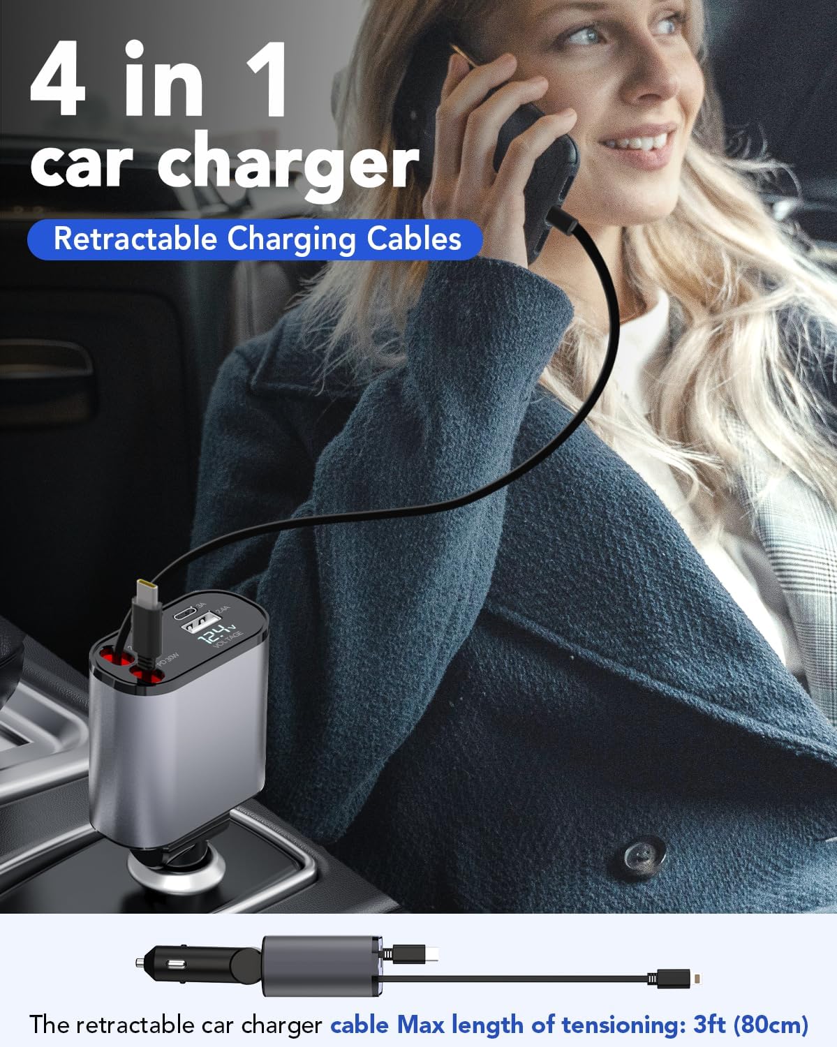 Retractable 4 in 1 Car Charger PD Fast Charge Adapter