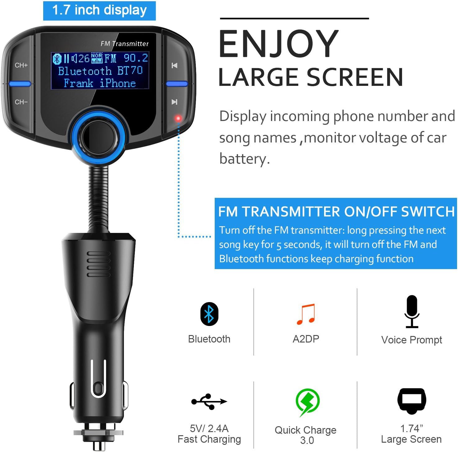 Bluetooth Adapter FM Transmitter Mp3 Player Dual USB Car Charger - SHARGGE