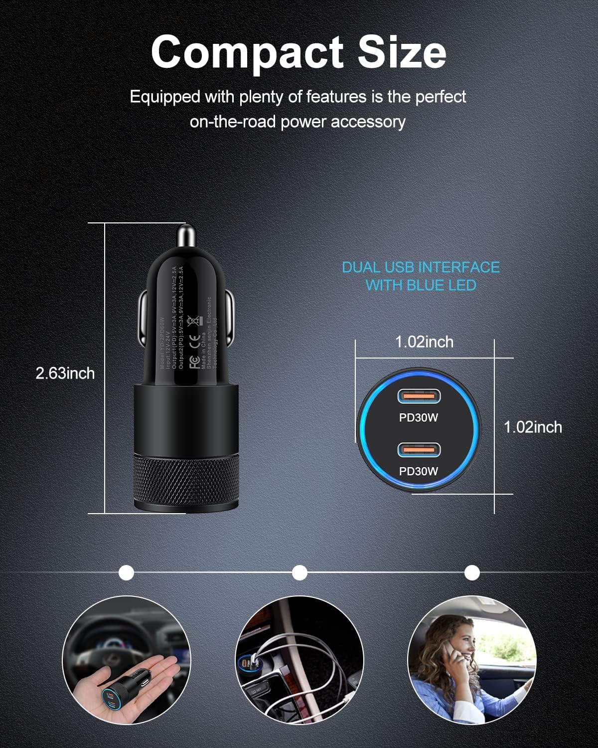 2 Type C Ports Car Charger, PD 60W Fast Charging Adaptor