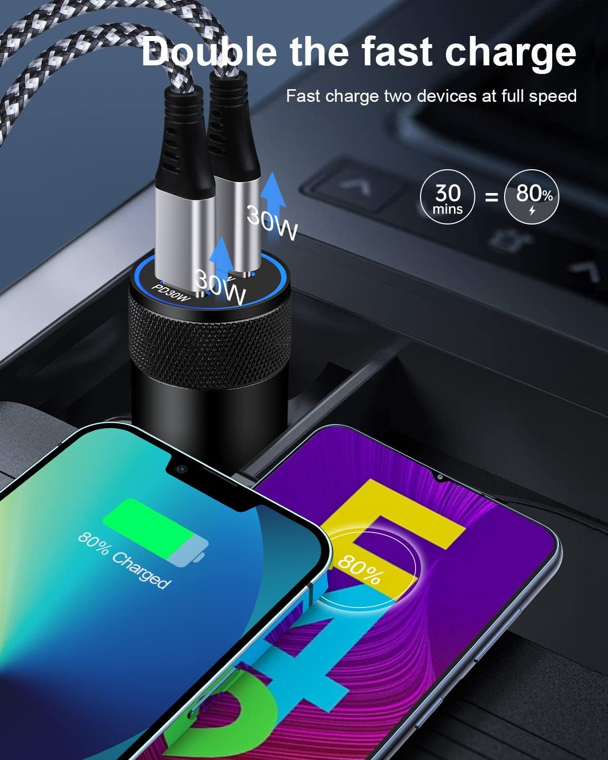 2 Type C Ports Car Charger, PD 60W Fast Charging Adaptor