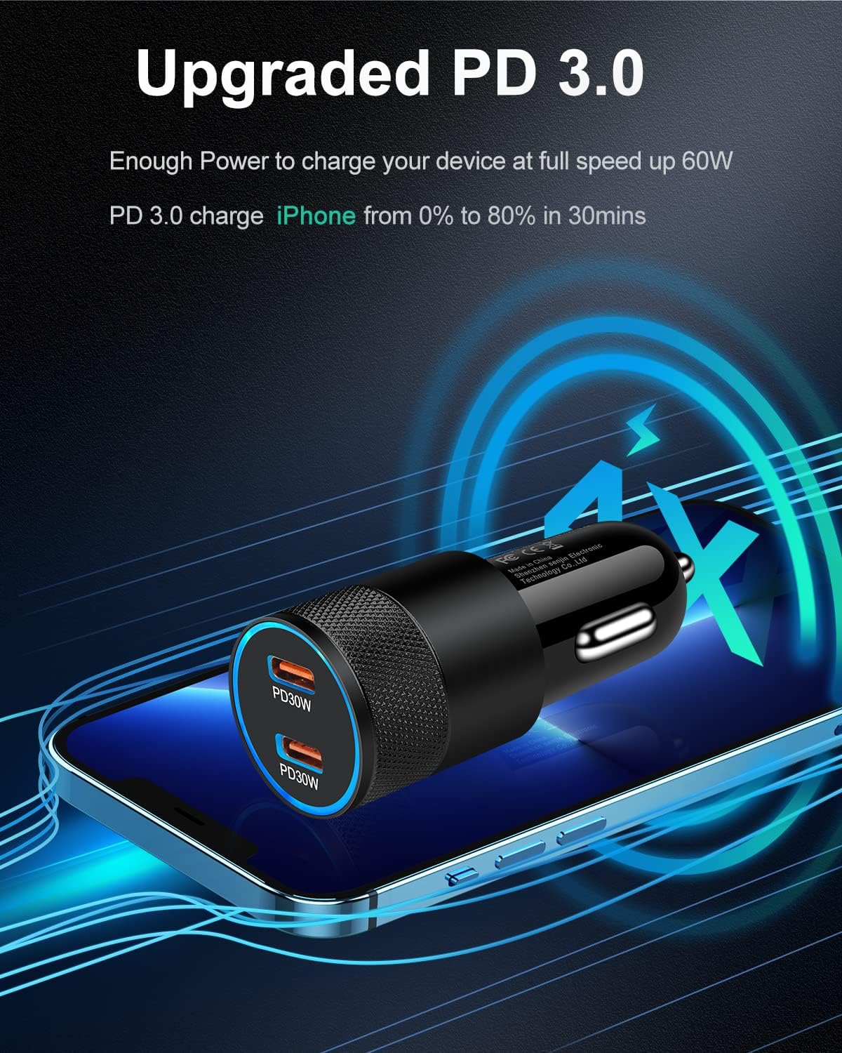 2 Type C Ports Car Charger, PD 60W Fast Charging Adaptor