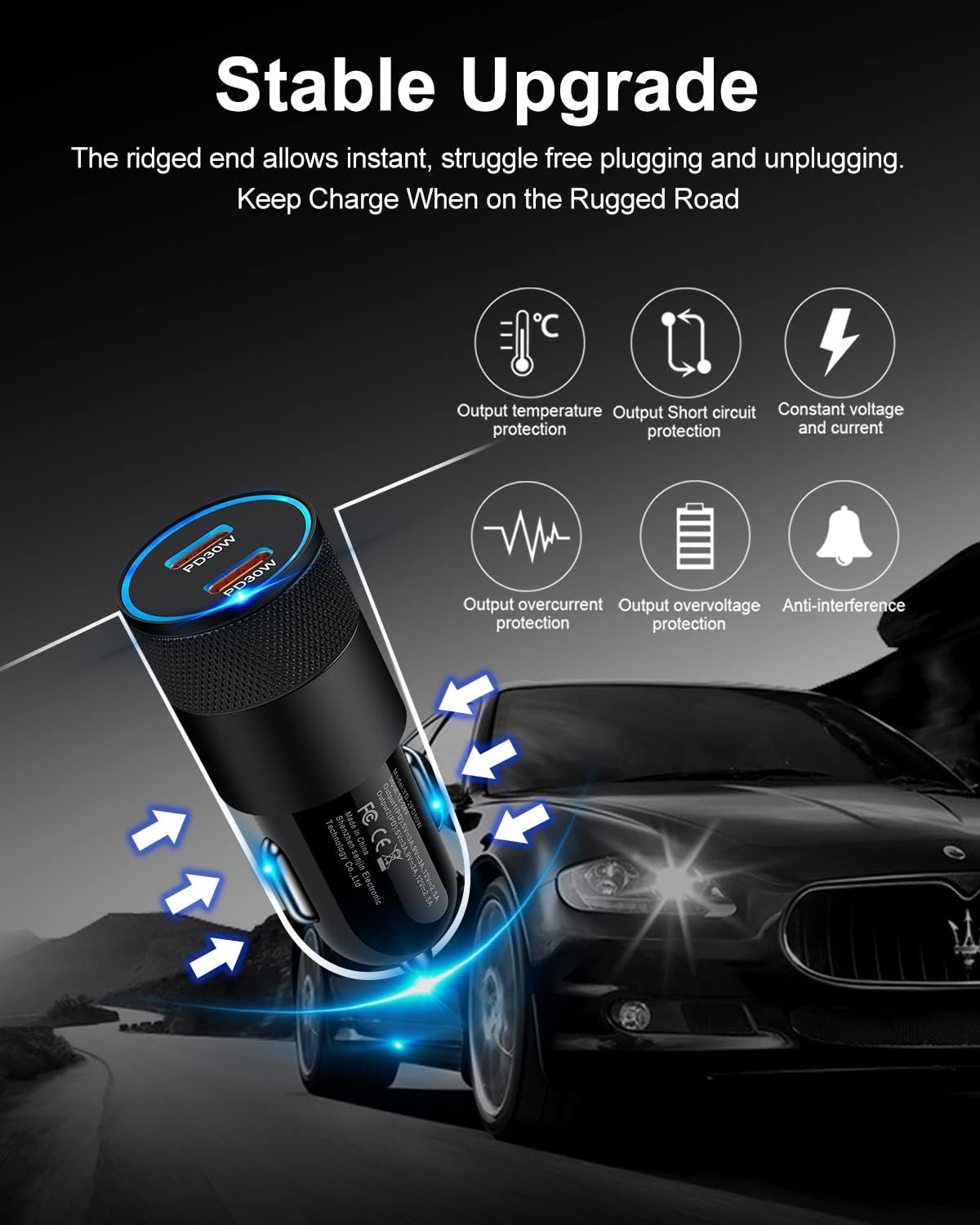 2 Type C Ports Car Charger, PD 60W Fast Charging Adaptor