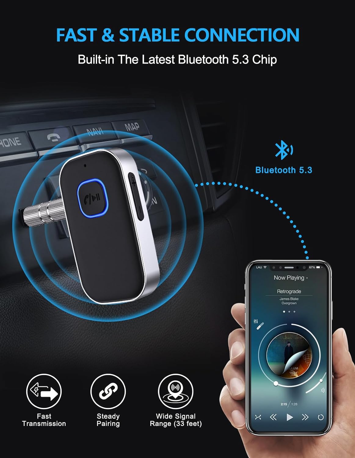 Car Bluetooth Receiver Noise Cancelling 3.5mm AUX Bluetooth Car Adapter