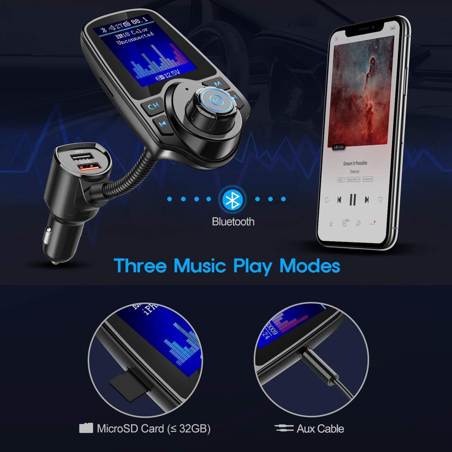 Bluetooth FM Transmitter Radio Adapter TF/SD Card Music Player USB Car Charger