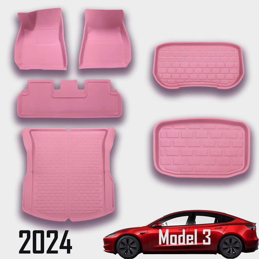 for Tesla Model 3 2024, 3 Layer All-Season Floor Mats, Pink, Full Set 6 Pieces - SHARGGE